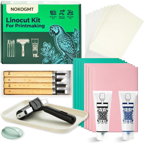 47 Pcs Linocut Kit for Printmaking, Block Printing Kit with 2 Washable Inks (Black & Blue), 4 Rubber & 4 PVC Blocks, Premium Rubber Brayer, Linocut Carving Tools - Stamp Making Kit for Beginners