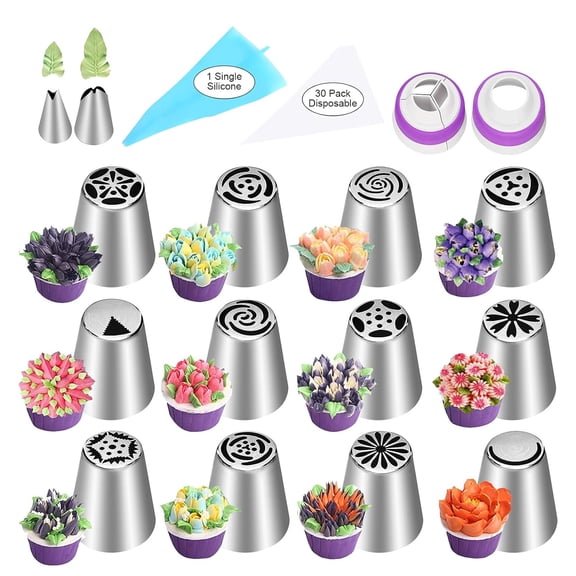 47 Pcs Russian Piping Tips Set, 12 Flower Frosting Nozzles Icing Tips for Cake Decorating Tips Kit, Baking Supplies for Cookie Cupcake, 2 Leaf Piping Tips 2 Couplers 30 Pastry Baking Bags