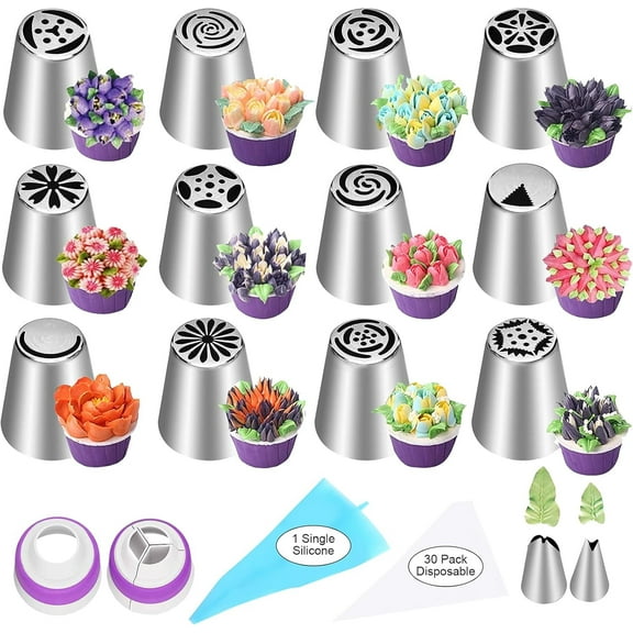 47 Pcs Russian Piping Tips Set for Cake Decorating , 12 Flower Icing Nozzles, 2 Leaf Tips, 2 Couplers & 30 Disposable Pastry Bags , Baking Supplies Kit for Buttercream, Cupcakes, Cookies, Fondant