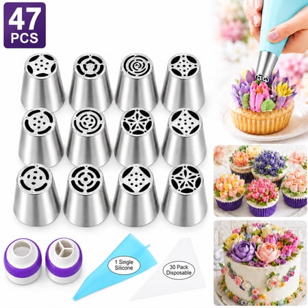 47 Pcs Russian Piping Tips Set for Cake Decorating , 12 Flower Icing Nozzles, 2 Leaf Tips, 2 Couplers & 30 Disposable Pastry Bags , Baking Supplies Kit for Buttercream, Cupcakes, Cookies, Fondant
