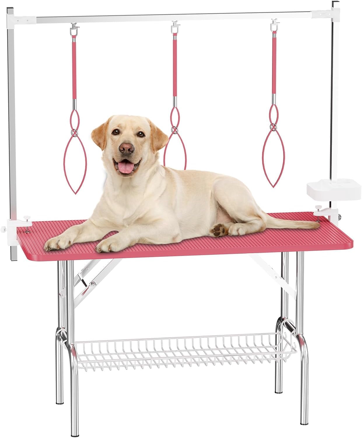 47" Pet Grooming Table Pink, Stainless Steel Foldable Grooming Table for Dogs at Home Adjustable Height Arms Pet Station with Nooses, Mesh Tray, Tool Organizer