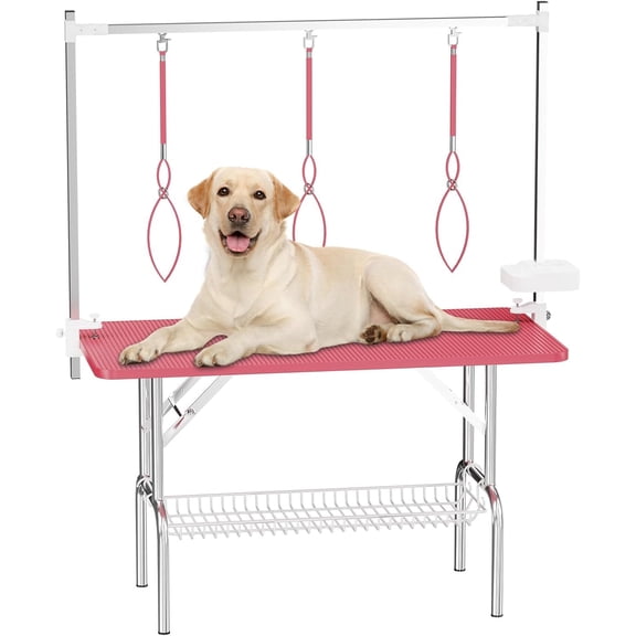 47" Pet Grooming Table Pink, Stainless Steel Foldable Grooming Table for Dogs at Home Adjustable Height Arms Pet Station with Nooses, Mesh Tray, Tool Organizer