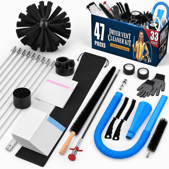 47-Piece Dryer Exhaust Pipe Cleaning Kit - 33 Foot Flexible Rods, Universal Vacuum Attachments, Lint Brush & Blue Hose Adapters for Efficient Vent Maintenance