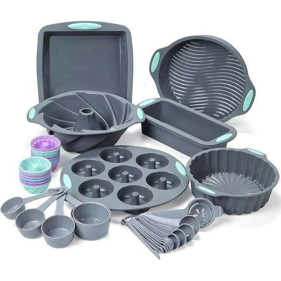 47 Pieces Silicone Baking Pans Set, 6 Silicone Cake Molds, Loaf Pan, Doughnut Pans, Non-Stick Baking Cup, with Measuring Cups and Spoons Set, Grey