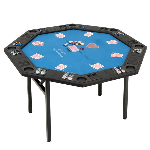 47'' Poker Table Octagon 8 Player Foldable Chip Trays Cup Holders, Blue,Metal Legs & 8 Cup Holders, Professional Blackjack Table for Family Game Nights