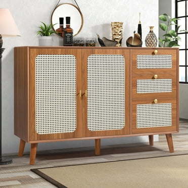 47“ Rattan Buffet Sideboard with Storage, Segmart Storage Cabinet with 2 Doors and 3 Drawers, Farmhouse Coffee Bar Station Table, Modern Wood Cupboard for Kitchen, Livingroom and Dining Room