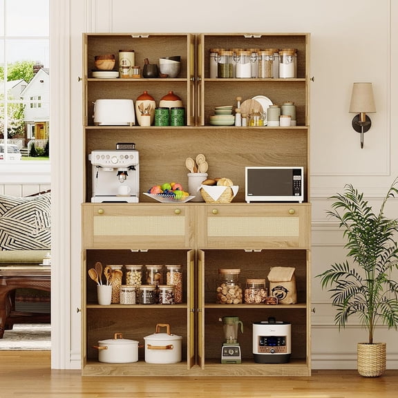 47" Rattan Kitchen Pantry Cabinet with Countertop and Charging Station - Tall Pantry Storage Cabinet with 2 Drawers and Adjustable Shelves for Dining Room, Living Room
