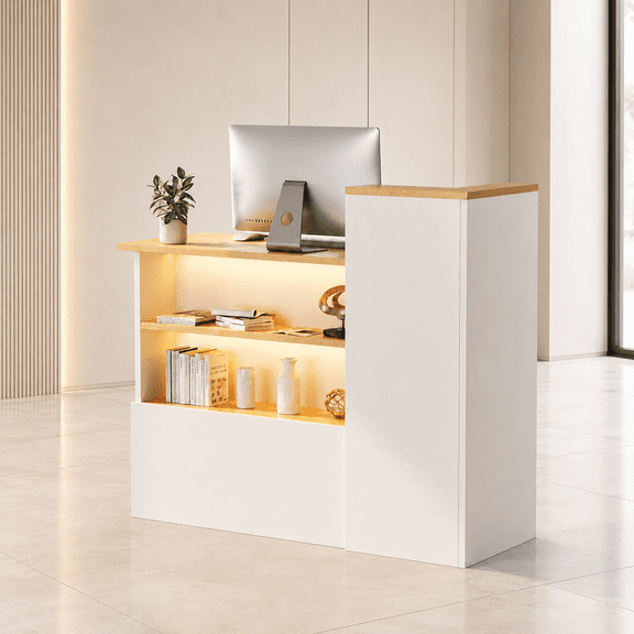 47" Reception Desk with LED Lighting, Lockable Drawer, Open Shelves & Door Cabinet, Front Desk Counter for Salon, Retail & Office (White, Left, 47.24" W x 18.11" D x 39.37" H)