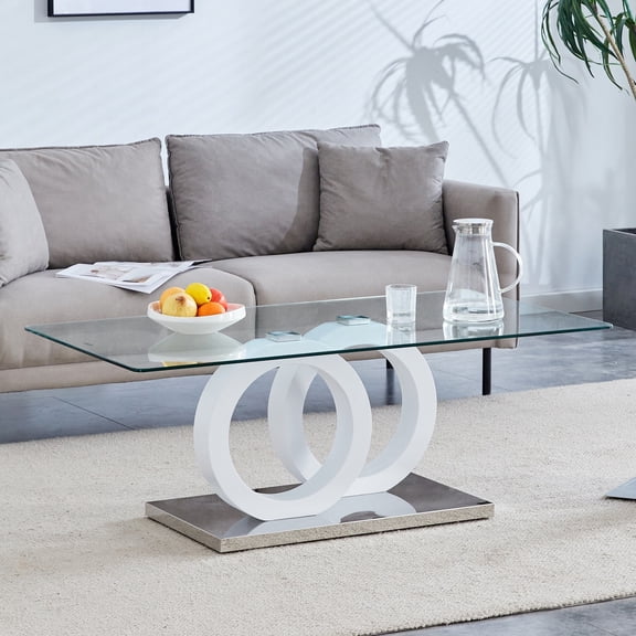 47" Rectangle Coffee Table, Tempered Glass Coffee Table with White Base, for Living Room