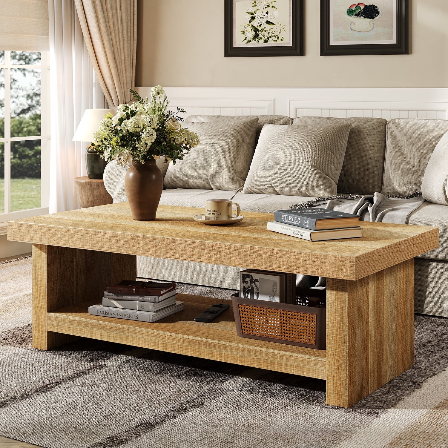 47" Rectangle Farmhouse Coffee Table, 2-Tier Storage Center Tables, Wooden Rectangular Table, Low Cocktail Tea Table for Living Room, Thick & Sturdy Base, Easy Assembly, Natural