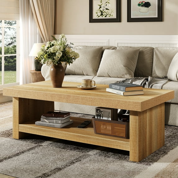 47" Rectangle Farmhouse Coffee Table, 2-Tier Storage Center Tables, Wooden Rectangular Table, Low Cocktail Tea Table for Living Room, Thick & Sturdy Base, Easy Assembly, Natural