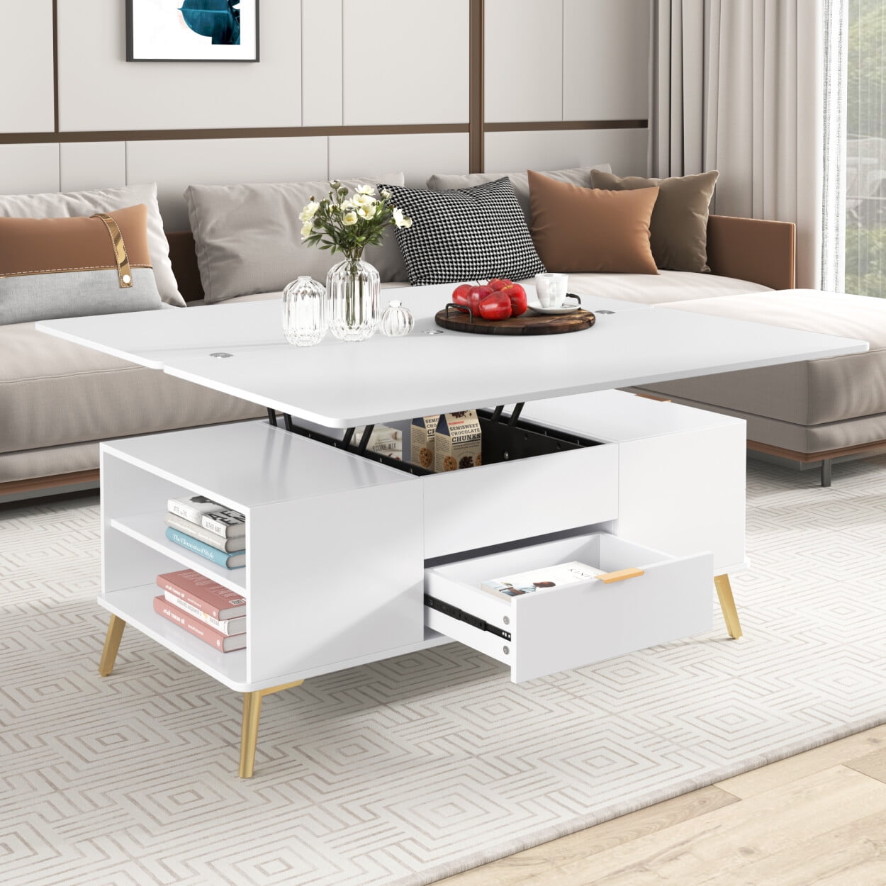 47" Rectangle Lift Top Coffee Table, Modern MultiFunction Sofa Side