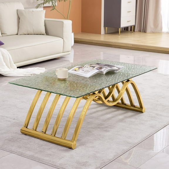 47" Rectangle Modern Stainless Steel Coffee Table, Tempered Water Ripple Glass Top, Center Table for Living Room Home Office, Easy Assembly, Gold