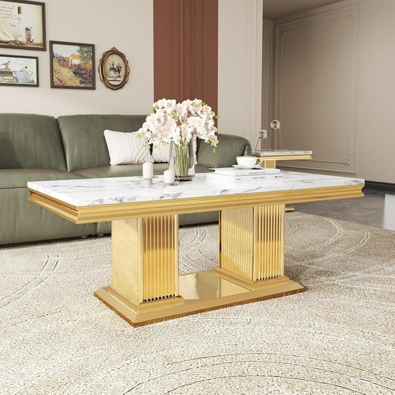 47" Rectangular Coffee Table, Modern Faux Marble Center Table, Gold Mirror Double-Pillar Stainless Steel Base for Living Room, Home Office