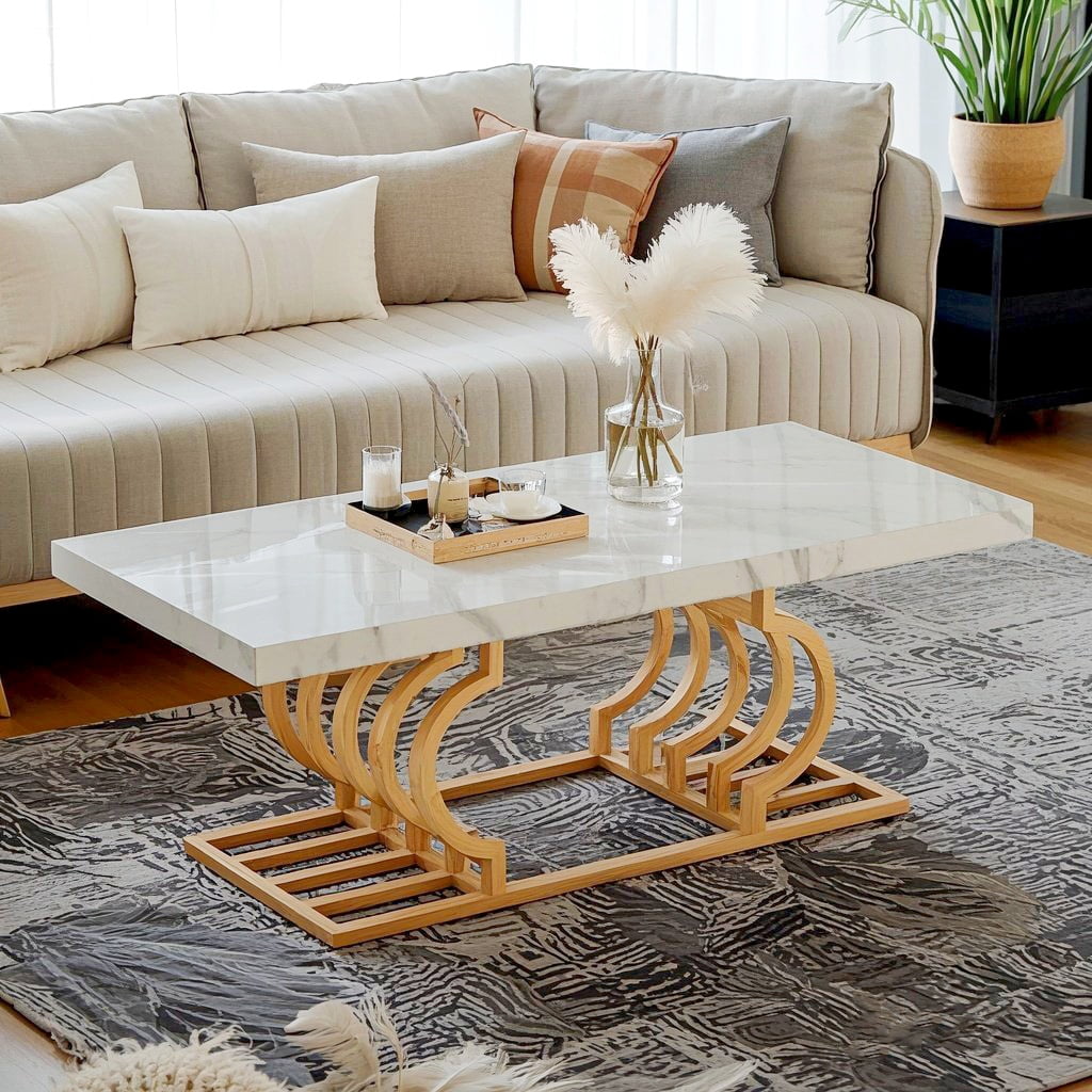 47" Rectangular Faux Marble Coffee Table, Modern Geometric Frame Cocktail Table, Gold Metal Base Living Room Tea Table