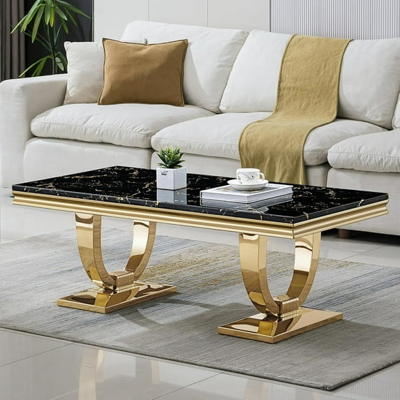 47" Rectangular Faux Marble Coffee Table, Modern Gold Mirrored Stainless Steel Double U-Shaped Base, Center Table, Cocktail Tea Table for Living Room, Office