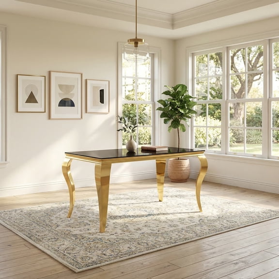 47" Rectangular Glass Dining Table, 10mm Black Tempered Glass Top, S-Shaped Stainless Steel Legs, for Apartments & Small Spaces