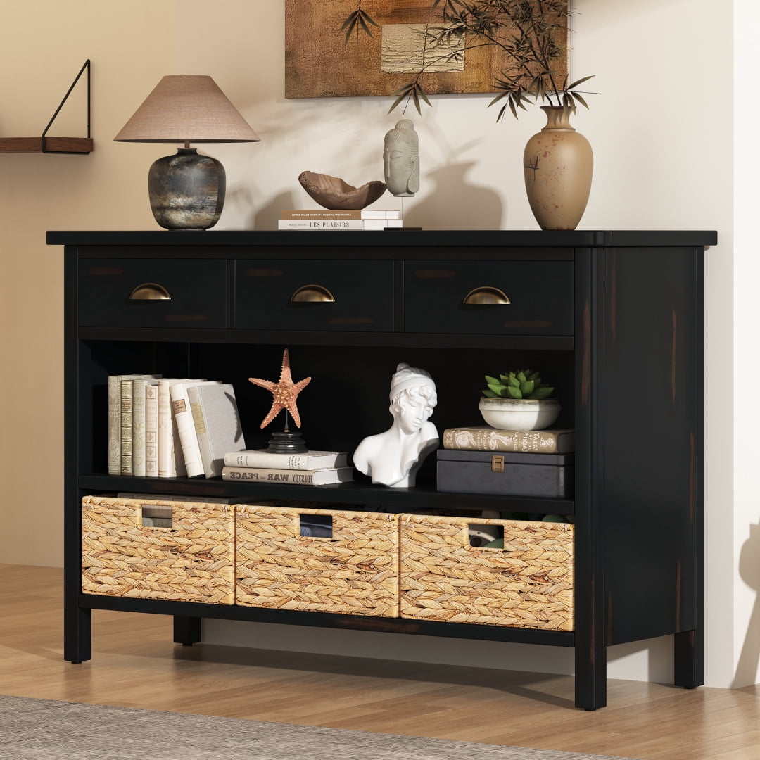 47" Retro Console Table with 3 Storage Drawers, Entryway Table with 3 Water Hyacinth Woven Baskets and Shelf, Wooden Buffet Cabinet for Entryway Hallway Living Room, Espresso