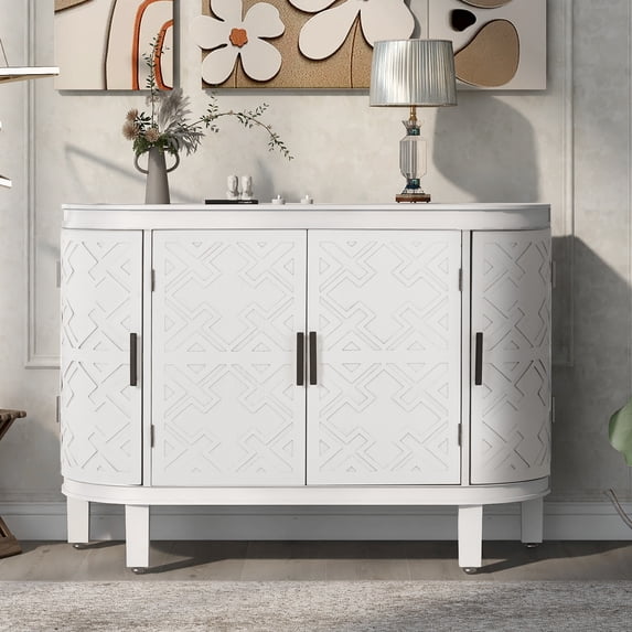 47'' Retro Pattern Design Storage Accent Buffet Sideboard with Antique Pattern Doors, Buffet Functional Cabinet with Wooden Build Large Storage Space(White)