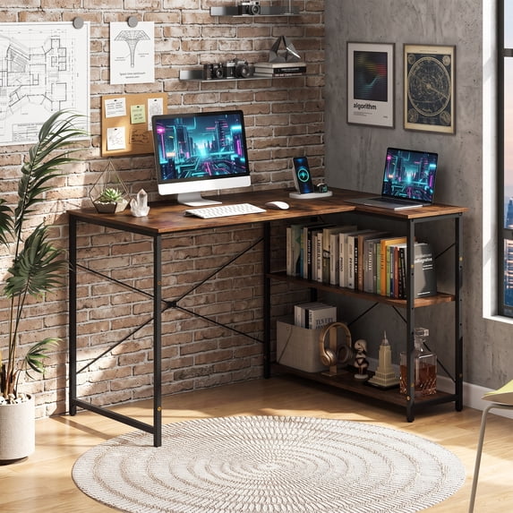 47" Reversible L Shape Desk with Power Outlets & Adjustable Storage Shelves, Corner Computer Desk for Home Office Gaming,Rustic Brown