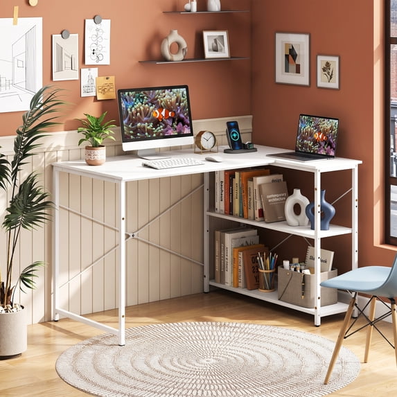 47" Reversible L Shape Desk with Power Outlets & Adjustable Storage Shelves, Corner Computer Desk for Home Office Gaming,White