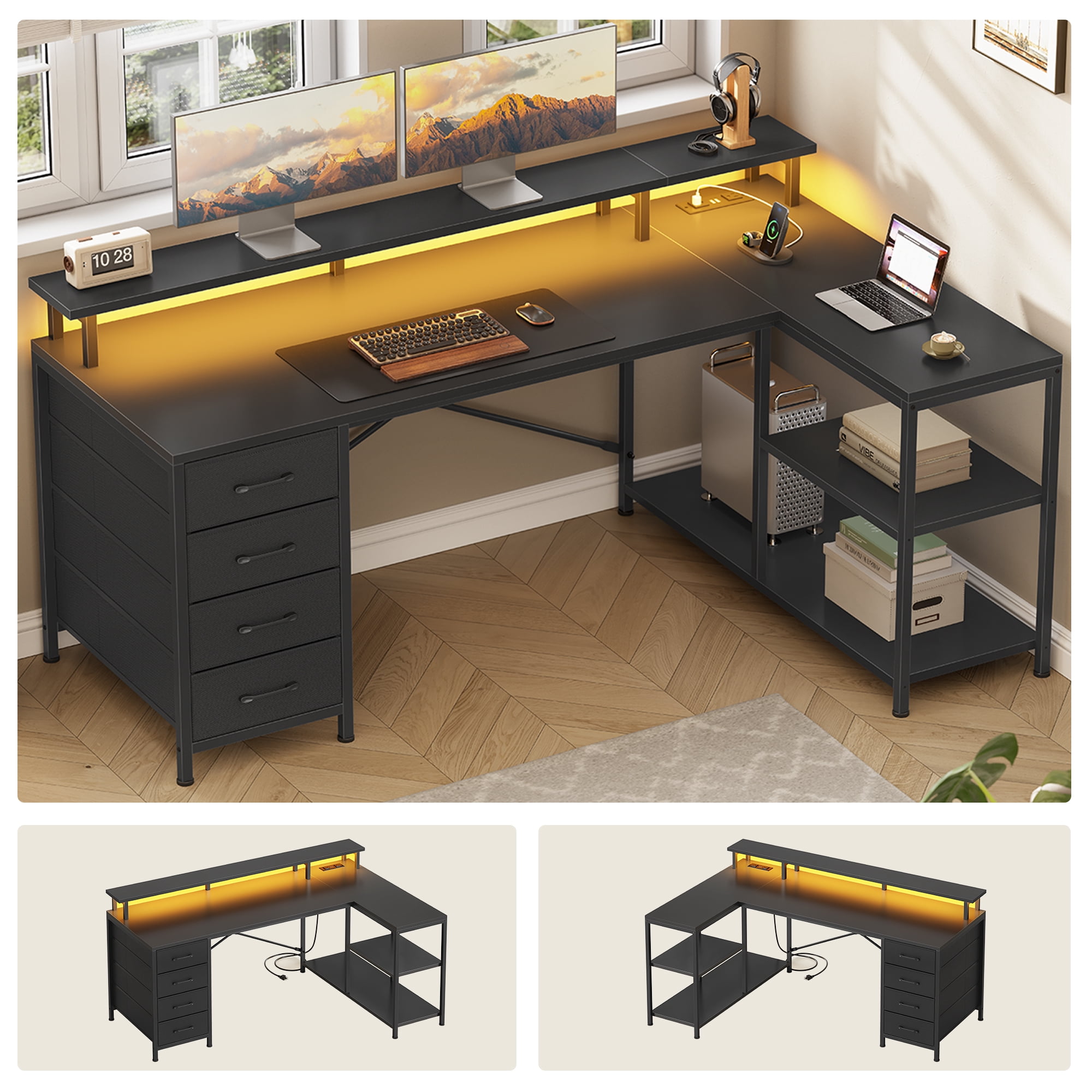 SUPERJARE L Shaped Desk With Power Outlets & LED Lights, Reversible