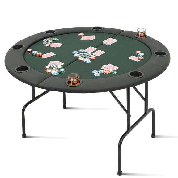 47" Round 8-Player Foldable Poker Table, Texas Hold'em Blackjack Table, Blue, Steel Legs & Deep Cup Holders