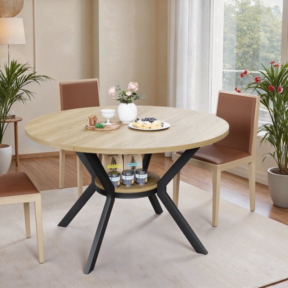 47" Round Dining Table for 4-6, Dining Table with Storage Shelf, Wood Grain Top, Black Metal Legs, Space Saving Dinner Tables, Circle Kitchen Tables, Natural
