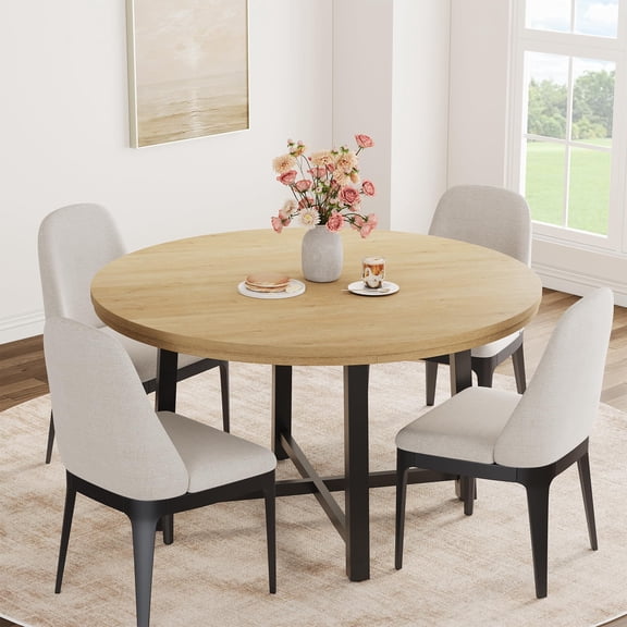 47" Round Dining Table for 4 to 6, Industrial Kitchen Dining Room Table with Sturdy Metal Frame, Wood Circle Kitchen Table for Space Saving, Dining Room, Kitchen, (No Chairs), Natural