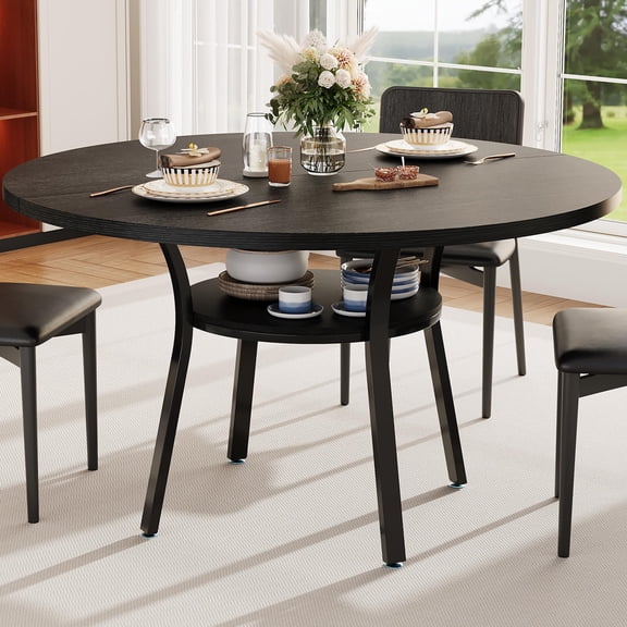 47'' Round Dining Table for 4-6 People, Farmhouse Kitchen Dining Table, Round Dinner Table with Storage Shelf for Kitchen, Living Room (Table Only), Black