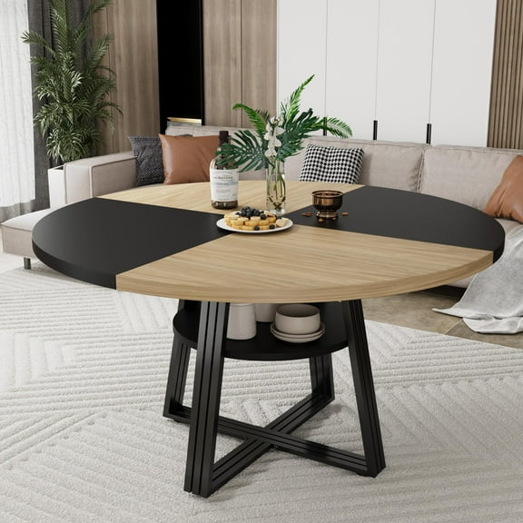 47" Round Dining Table for 4-6 People with Storage Shelf – Wooden Farmhouse Kitchen Table & Metal Base for Living Room, Dining Room (No Chairs Included)
