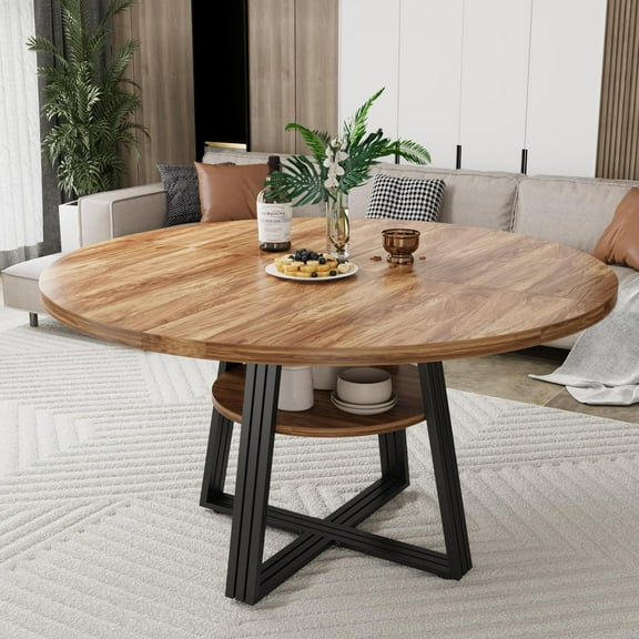 47" Round Dining Table for 4-6 People with Storage Shelf – Wooden Farmhouse Kitchen Table & Metal Base for Living Room, Dining Room (No Chairs Included)