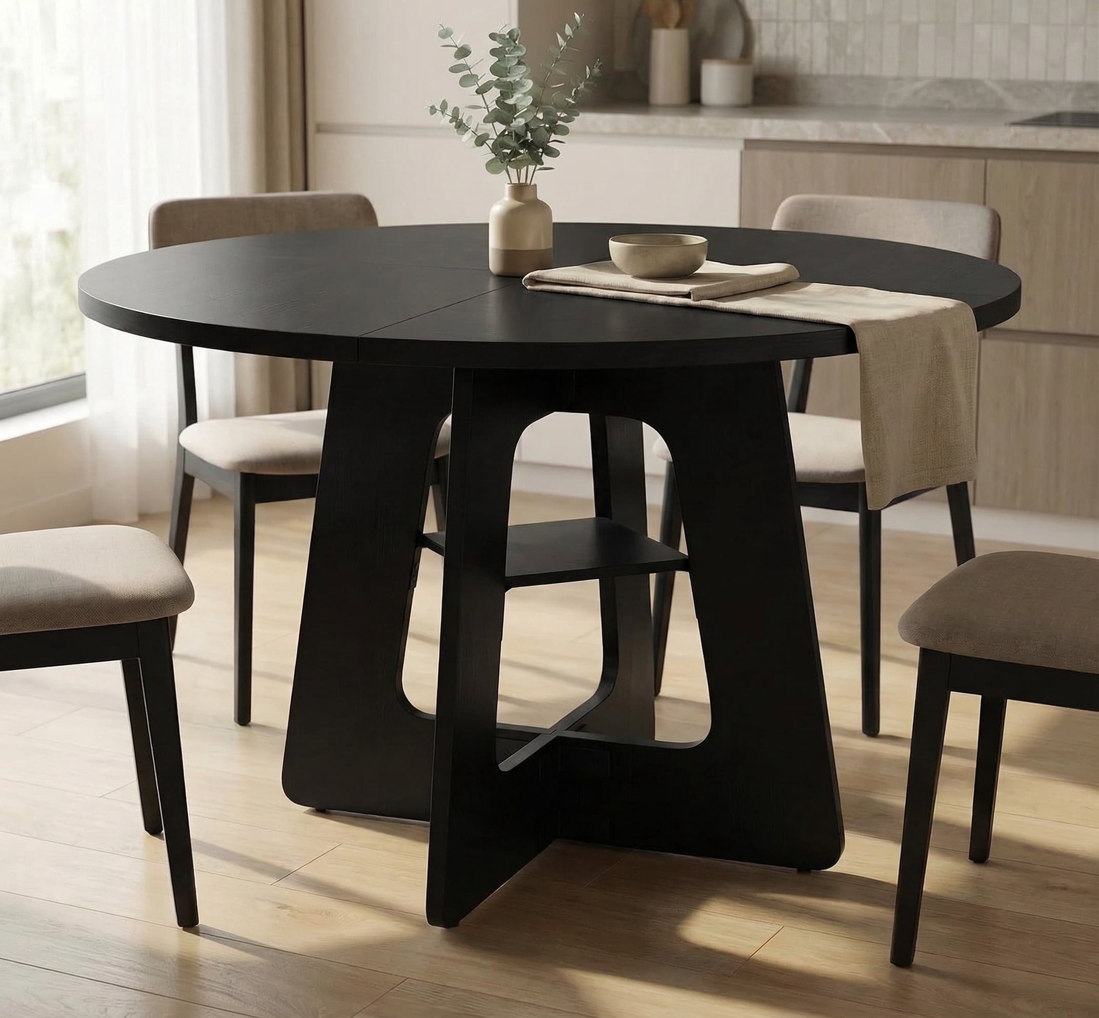 47" Round Dining Table for 4 to 6 Person, Farmhouse Kitchen Table with Under-Table Storage Shelf, Solid Wood Construction for Dining Room, Living Room, Black
