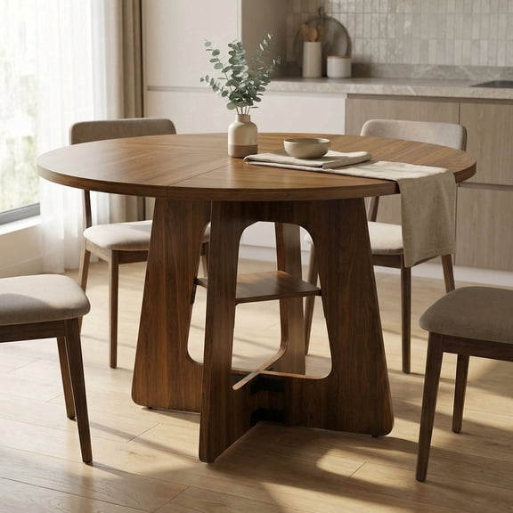 47" Round Dining Table for 4 to 6 Person, Farmhouse Kitchen Table with Under-Table Storage Shelf, Solid Wood Construction for Dining Room, Living Room, Brown