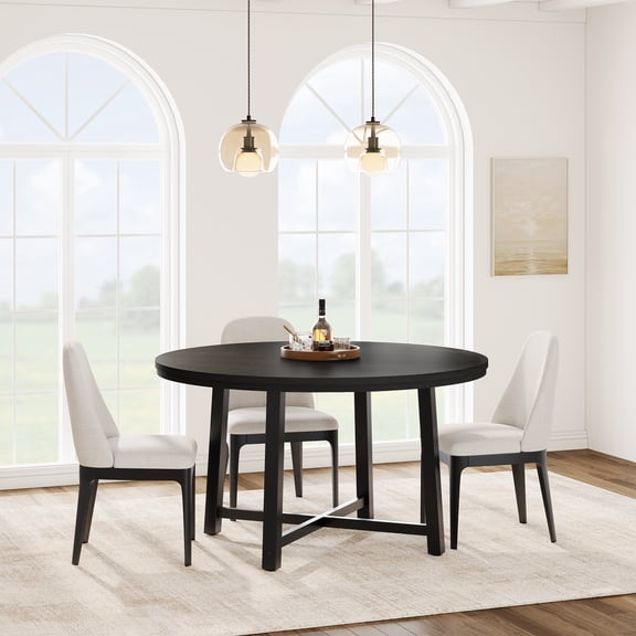 47" Round Dining Table for 4-6 – Space-Saving Wood Kitchen Table with Robust Metal Frame – Rustic Brown Finish – Modern Farmhouse Dining Room Table for Apartments or Small Spaces – Black 50