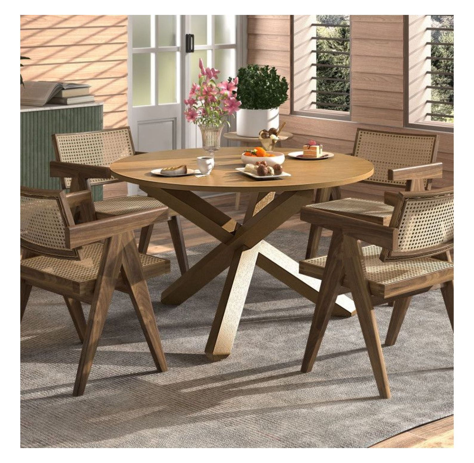 47" Round Dining Table, Acacia Wood Legs for 6 Person, Kitchen Table for Small Spaces, Natural ...