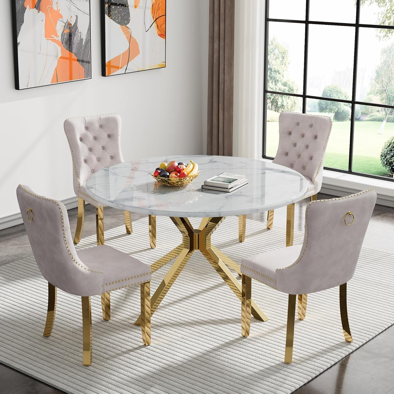 47" Round Dining Table, Faux Marble Round Dining Room Table Set for 4 6 ...