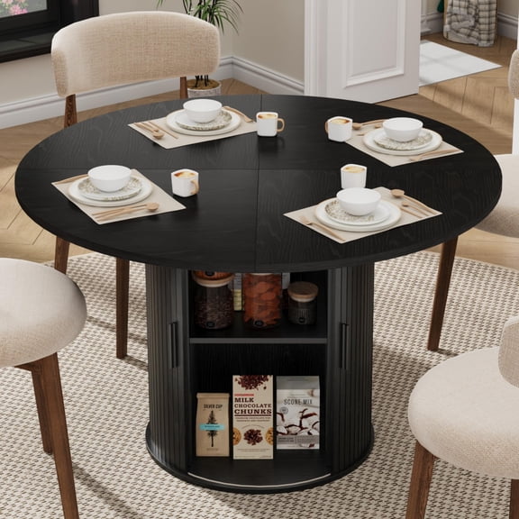 47'' Round Dining Table with Hidden Storage for 4, Kitchen Dining Room Circle Dinner Pedestal Table with Slide Door Shelf, Space Saving Wood Furniture for Small Spaces, Dining Room, Black