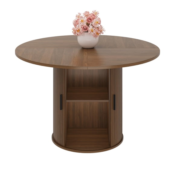 47'' Round Dining Table with Hidden Storage for 4, Kitchen Dining Room Circle Dinner Pedestal Table with Slide Door Shelf, Space Saving Wood Furniture for Small Spaces, Dining Room, Walnut