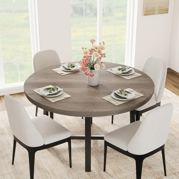 47 in Round Dining Table, Industrial Dinner Table for 4 to 6, Wooden Kitchen Table with Sturdy Metal Frame & Rustic Brown Finish, Circle Kitchen Table for Dining Room, Kitchen No Chairs