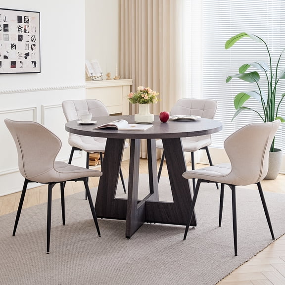 47" Round Dining Table Set for 4 Mid-Century Modern Kitchen Table with 4 Upholstered Chairs Kitchen Coffee Set Dining Table and Chairs for Living Room(Grey Table with 4 Beige Chairs)