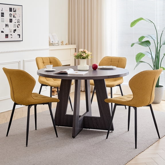 47" Round Dining Table Set for 4 Mid-Century Modern Kitchen Table with 4 Upholstered Chairs Kitchen Coffee Set Dining Table and Chairs for Living Room(Grey Table with 4 Yellow Chairs)