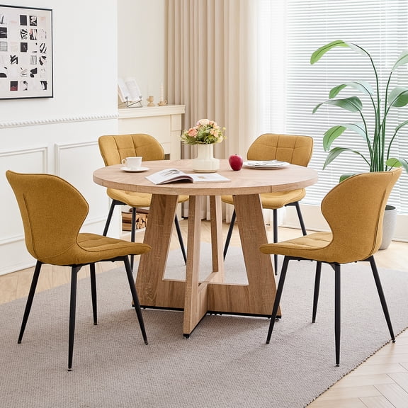 47" Round Dining Table Set for 4 Mid-Century Modern Kitchen Table with 4 Upholstered Chairs Kitchen Coffee Set Dining Table and Chairs for Living Room(Natural Table with 4 Yellow Chairs)