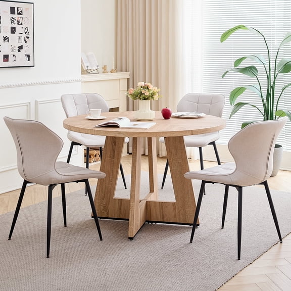 47" Round Dining Table Set for 4 Mid-Century Modern Kitchen Table with 4 Upholstered Chairs Kitchen Coffee Set Dining Table and Chairs for Living Room(Natural Table with 4 Beige Chairs)