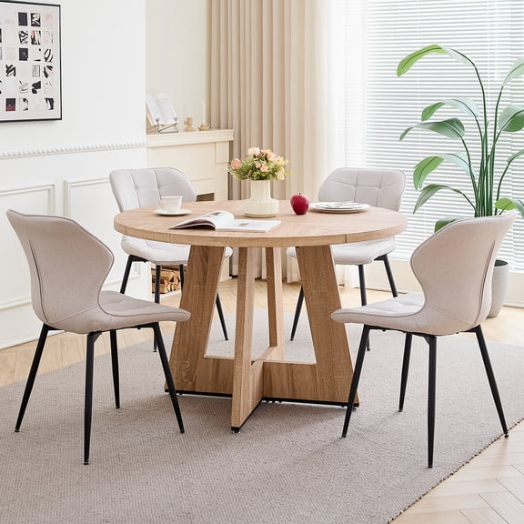 47" Round Dining Table Set for 4 Mid-Century Modern Kitchen Table with 4 Upholstered Chairs Kitchen Coffee Set Dining Table and Chairs for Living Room(Natural Table with 4 Beige Chairs)