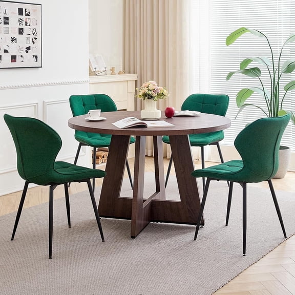 47" Round Dining Table Set for 4 Mid-Century Modern Kitchen Table with 4 Upholstered Chairs Kitchen Coffee Set Dining Table and Chairs for Living Room(Walnut Table with 4 Green Chairs)