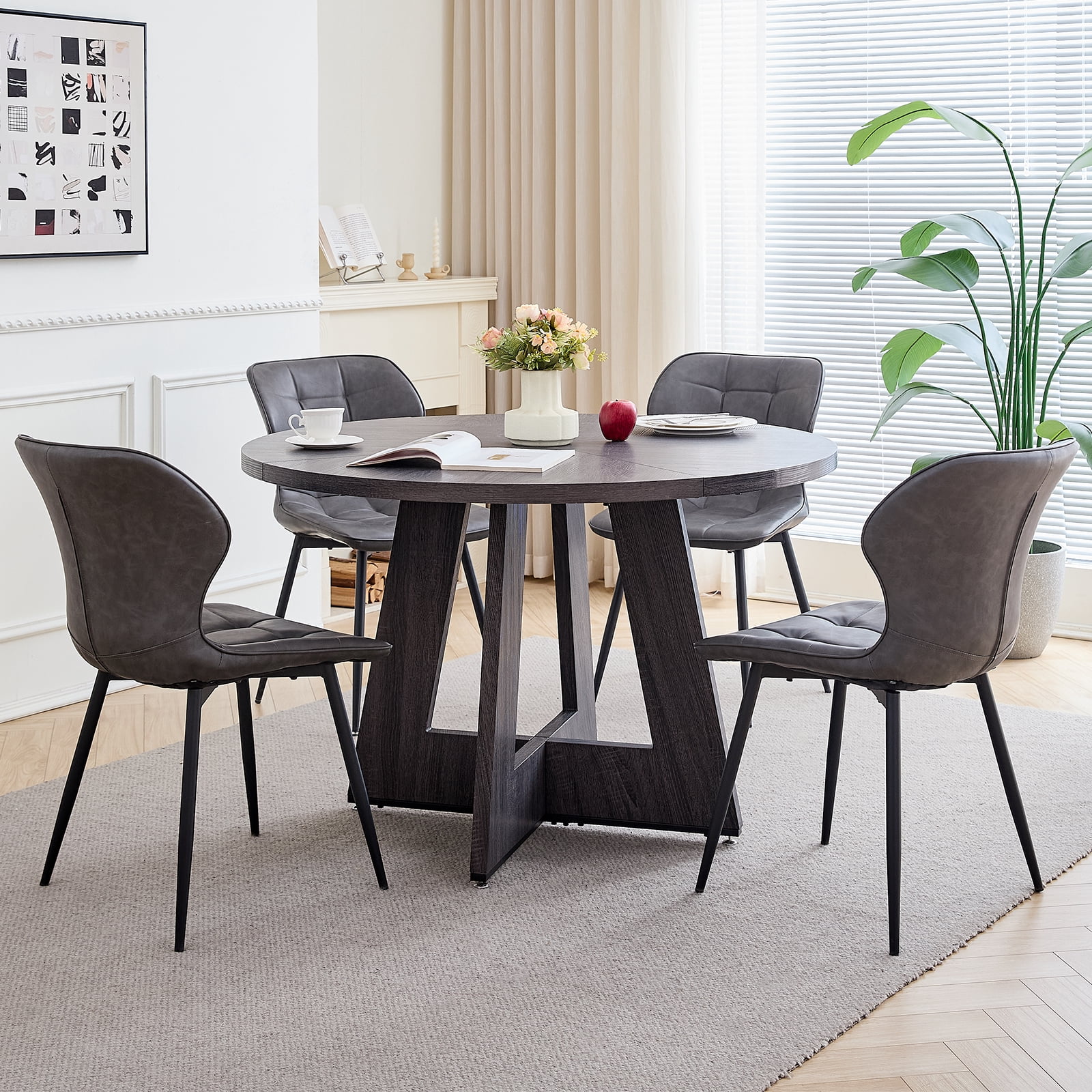 47" Round Dining Table Set for 4 Modern Kitchen Table with 4 Faux ...