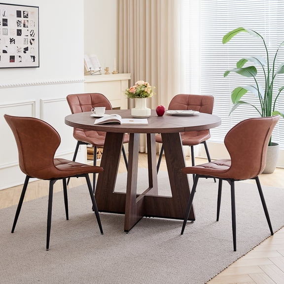 47" Round Dining Table Set for 4 Modern Kitchen Table with 4 Faux Leather Checkered Dinner Chairs Kitchen Coffee Set Dining Table and Chairs for Living Room(Walnut Table With 4 Brown Chairs)