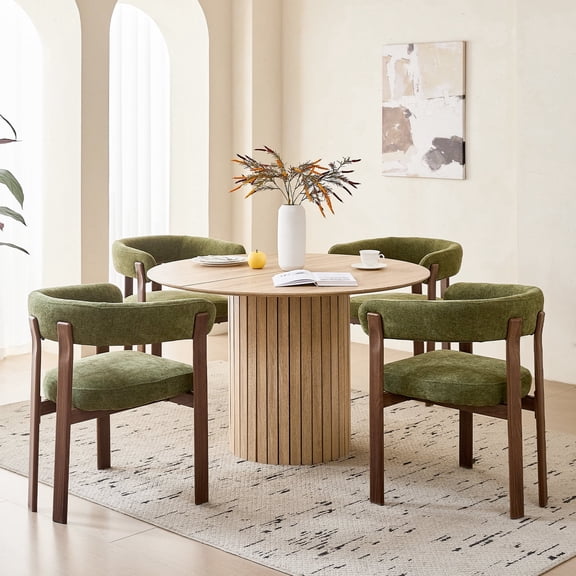 47" Round Dining Table Set for 4, Natural Wood Grain Tabletop with 4 Green Chenille Upholstered Armchairs, Thick Cushions and Sturdy Metal Frames