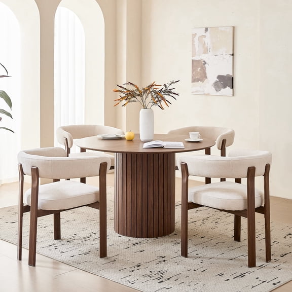 47" Round Dining Table Set for 4, Walnut Wood Grain Tabletop with 4 Beige Chenille Upholstered Armchairs, Thick Cushions and Sturdy Metal Frames